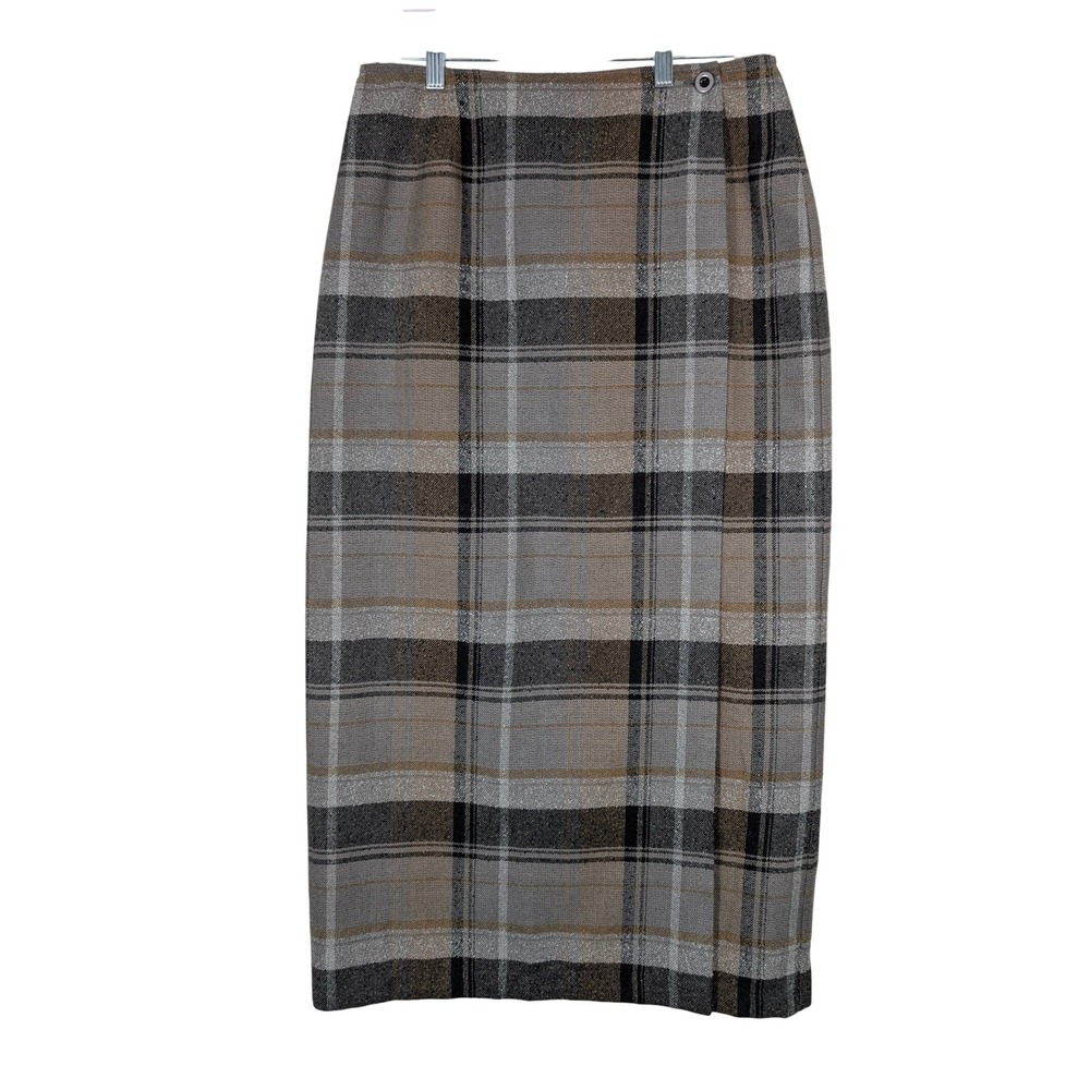 10‎ Women's Plaid Wrap Pencil Skirt Black Gray Lined Long Length